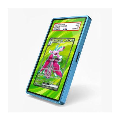 A blue protective screen protector shown on a smartphone, with a graded PSA sample card visible through the transparent top section. The phone screen displays a green Pokémon card game interface.