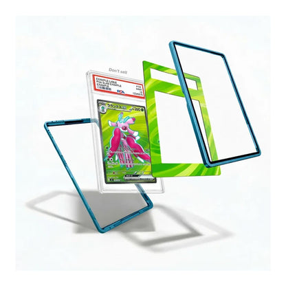 Three clear acrylic card protectors with blue edges are shown floating around a graded Pokémon TCG card in a plastic slab on a white background.