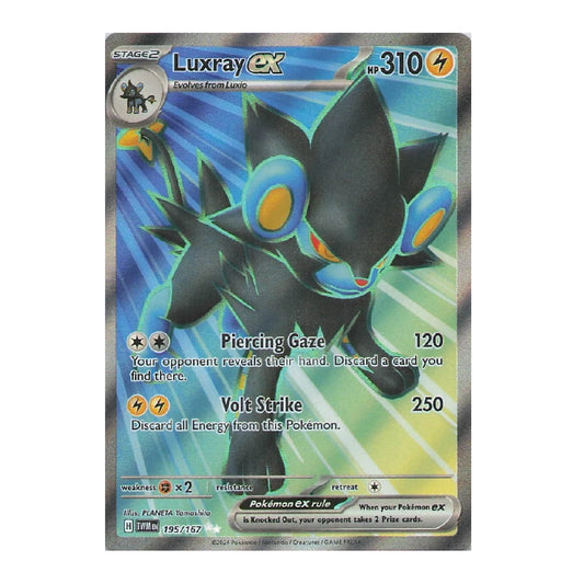 A single Pokémon trading card featuring Luxray EX from the ESXX arc, with a holographic silver border and a blue, green, and black illustrated character on a white background.