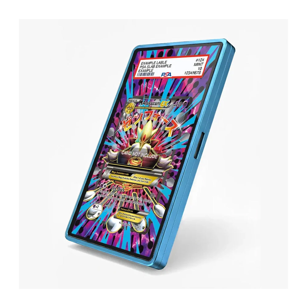 A blue rectangular electronic device with a glossy screen displaying a colorful slot machine graphic, shown at an angle on a light gray background.
