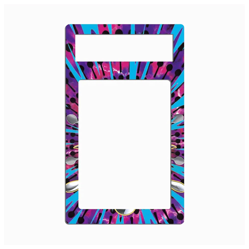 A rectangular light switch plate cover featuring a vibrant abstract design with radiating blue, purple, and pink stripes, black spots, and metallic silver and gold accents, shown on a plain white background.
