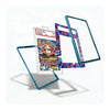 A clear acrylic display stand with a translucent blue edge, shown holding a graded Pokémon TCG card and accompanied by two additional empty stand panels with colorful abstract patterns, on a white background.