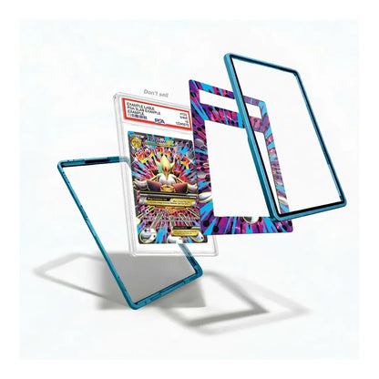 A clear acrylic display stand with a translucent blue edge, shown holding a graded Pokémon TCG card and accompanied by two additional empty stand panels with colorful abstract patterns, on a white background.