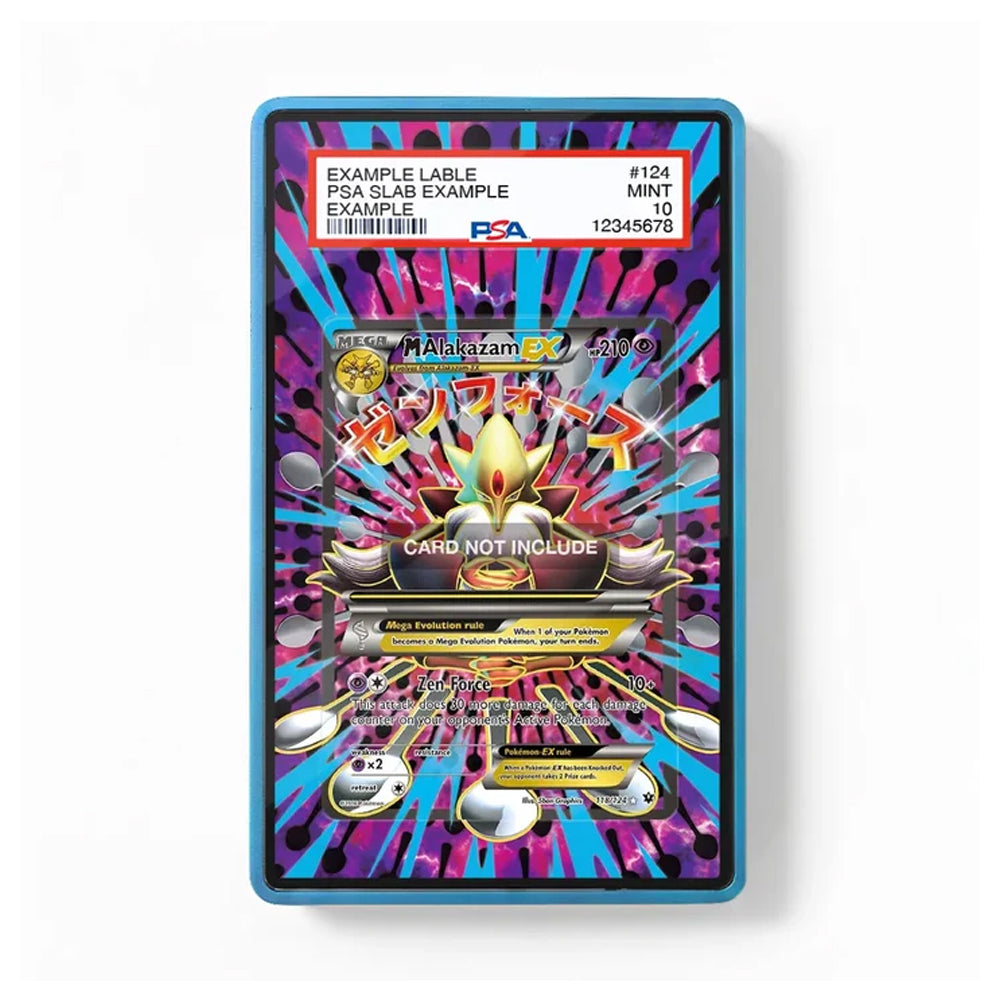 A PSA graded slab containing a holographic collectible card, shown in a clear protective case with a blue border on a white background. The slab includes a white PSA label at the top with grading details and a colorful, highly reflective card insert featuring gold, pink, blue, and silver elements.
