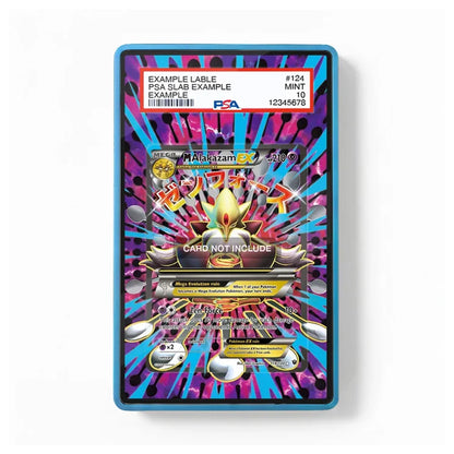 A PSA graded slab containing a holographic collectible card, shown in a clear protective case with a blue border on a white background. The slab includes a white PSA label at the top with grading details and a colorful, highly reflective card insert featuring gold, pink, blue, and silver elements.