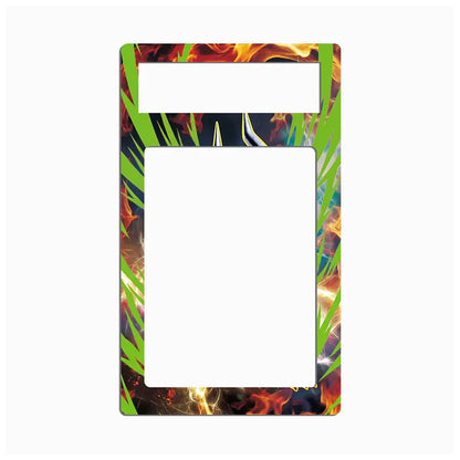 A rectangular double-light switch plate cover featuring a vibrant tropical design with green palm leaves, fiery orange and yellow flames, and dark shadows on a light gray background.