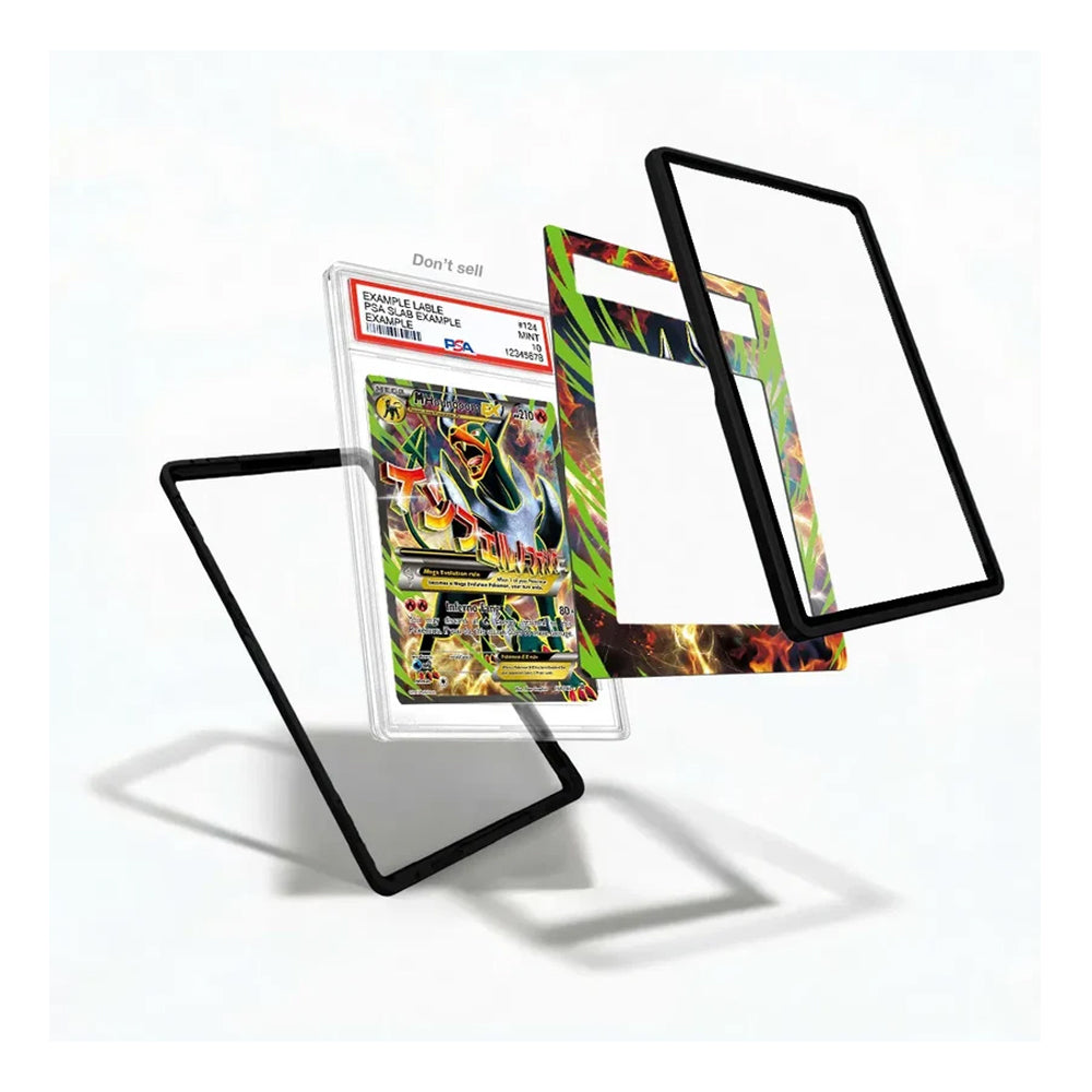 A set of custom card frames and a graded PSA-style holder displaying a collectible card, arranged on a clean white background with soft shadows.