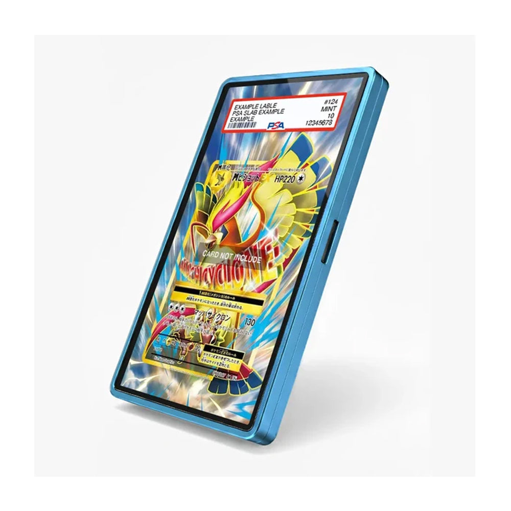A blue protective phone case shown at an angle on a light gray background, featuring a colorful Pokémon-themed screen protector or display insert.