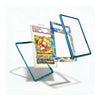 A set of transparent acrylic display frames with metallic teal-blue borders, shown floating against a white background. One frame is empty, one is holding a graded comic card, and one features a colorful abstract print.