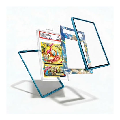 A set of transparent acrylic display frames with metallic teal-blue borders, shown floating against a white background. One frame is empty, one is holding a graded comic card, and one features a colorful abstract print.