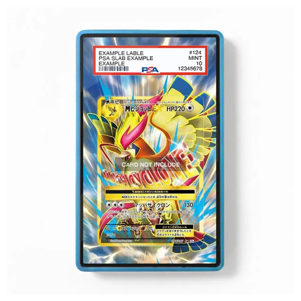 A collectible Pokémon TCG card featuring a holographic yellow and pink dragon illustration, mounted in a blue protective sleeve with a PSA grading label at the top, shown on a plain white background.