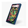 A dark blue protective phone case shown at an angle, featuring a vibrant, colorful graphic print on the back with fantasy creature illustrations and text.