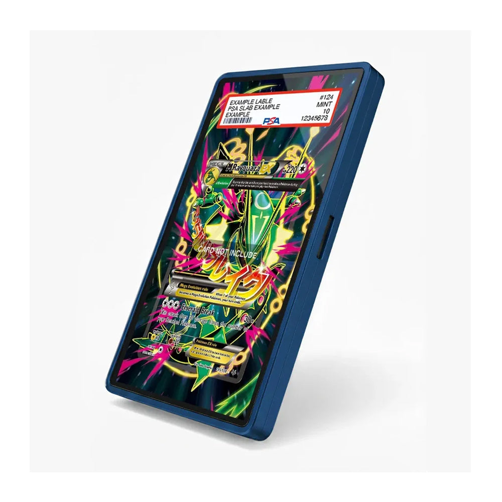 A dark blue protective phone case shown at an angle, featuring a vibrant, colorful graphic print on the back with fantasy creature illustrations and text.