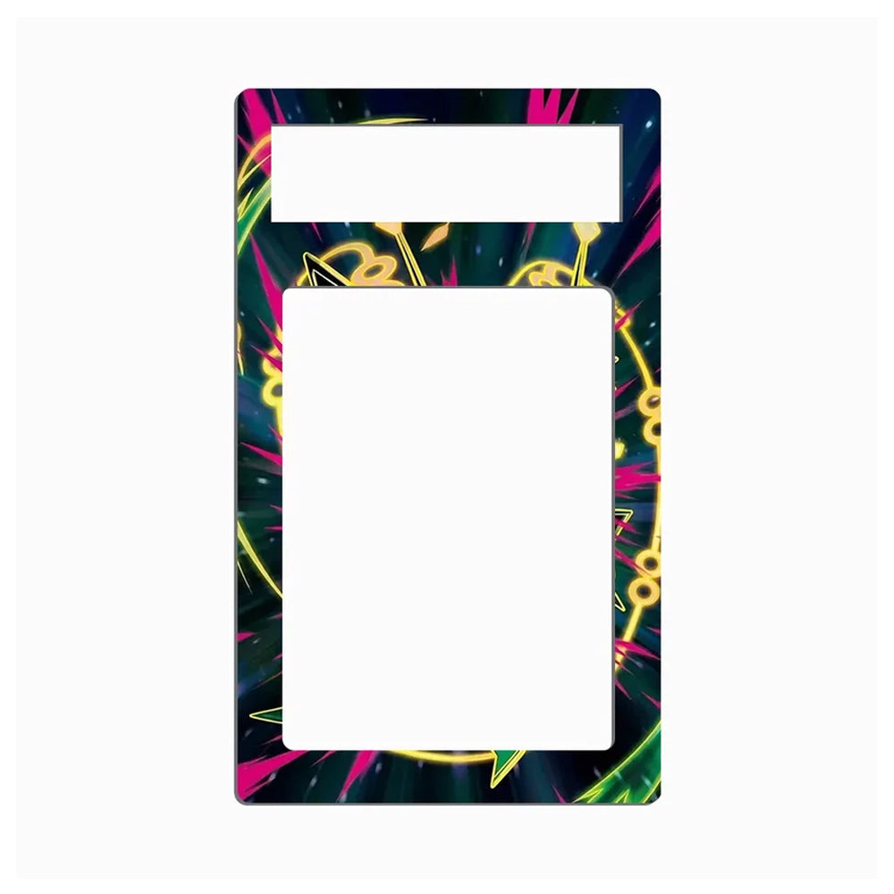 A rectangular decorative plate or cover with two cutouts, featuring a vibrant neon abstract pattern in pink, yellow, green, and blue on a dark background, shown against a plain white backdrop.