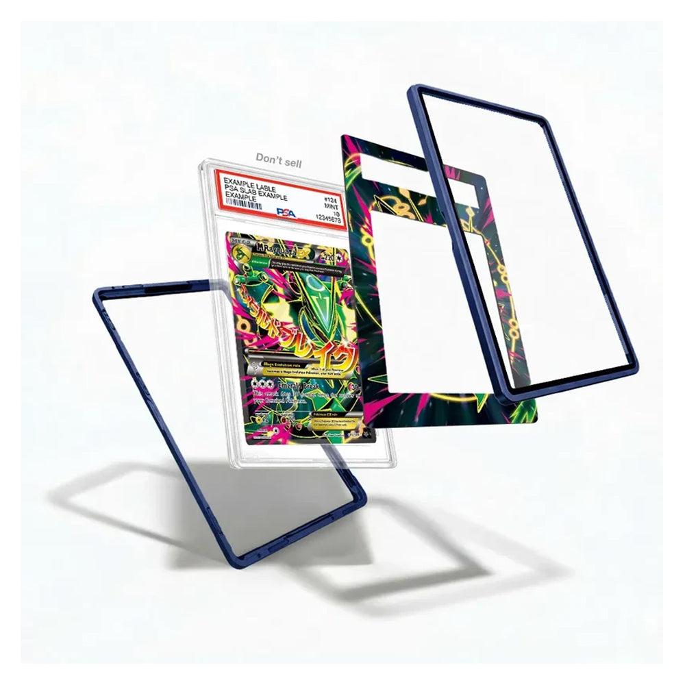A set of three custom-fit protective frames for a collectible card graded in a clear plastic slab. The frames feature a dark navy blue textured border, with two of the frames decorated in a vibrant, multicolored graffiti-style pattern.