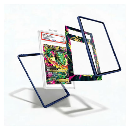 A set of three custom-fit protective frames for a collectible card graded in a clear plastic slab. The frames feature a dark navy blue textured border, with two of the frames decorated in a vibrant, multicolored graffiti-style pattern.