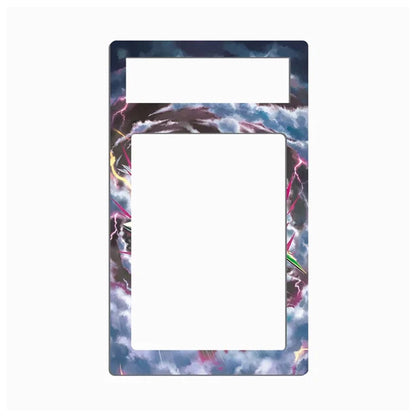 A rectangular decorative plate or frame insert with rounded corners, featuring a printed stormy sky design with lightning bolts in blue, purple, pink, and white. The top section has a smaller horizontal slot, and the center is a large empty rectangular cutout, shown on a plain white background.