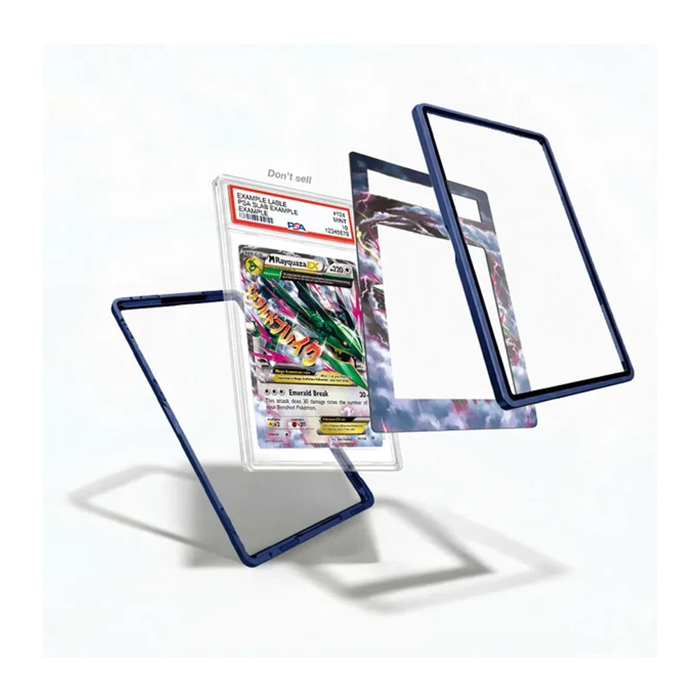 Three clear protective card sleeves with dark blue borders are shown floating around a graded Pokémon TCG card on a white background.