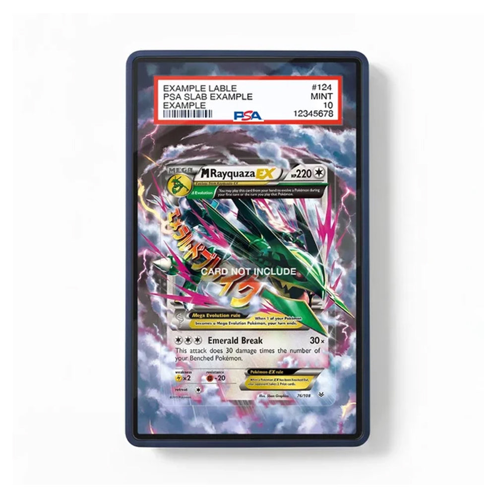 A PSA graded display slab containing multiple Pokémon trading cards, featuring a prominent M-Rayquaza X card on the front, set against a plain white background.