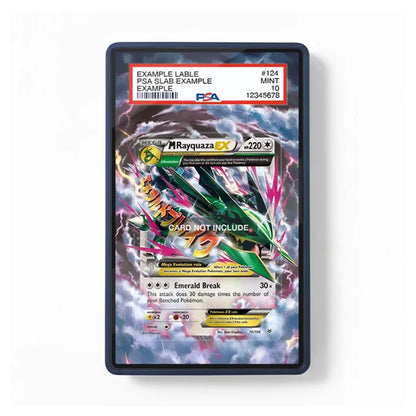 A PSA graded display slab containing multiple Pokémon trading cards, featuring a prominent M-Rayquaza X card on the front, set against a plain white background.