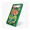 A green Pokémon Trading Card Game slim card case shown at an angle on a light gray background, displaying a colorful sample card insert.