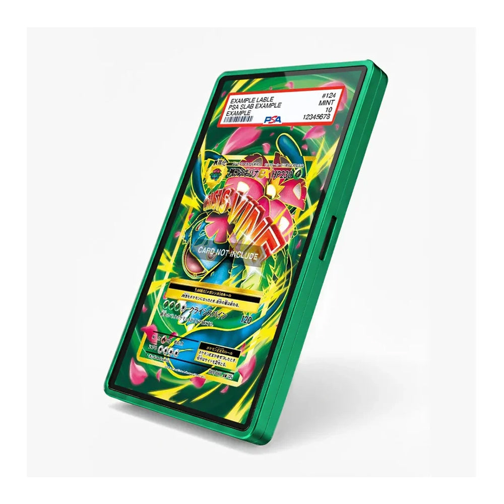 A green Pokémon Trading Card Game slim card case shown at an angle on a light gray background, displaying a colorful sample card insert.