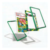 A set of custom transparent acrylic display frames with vibrant green borders and colorful printed inserts, shown floating against a clean white background.