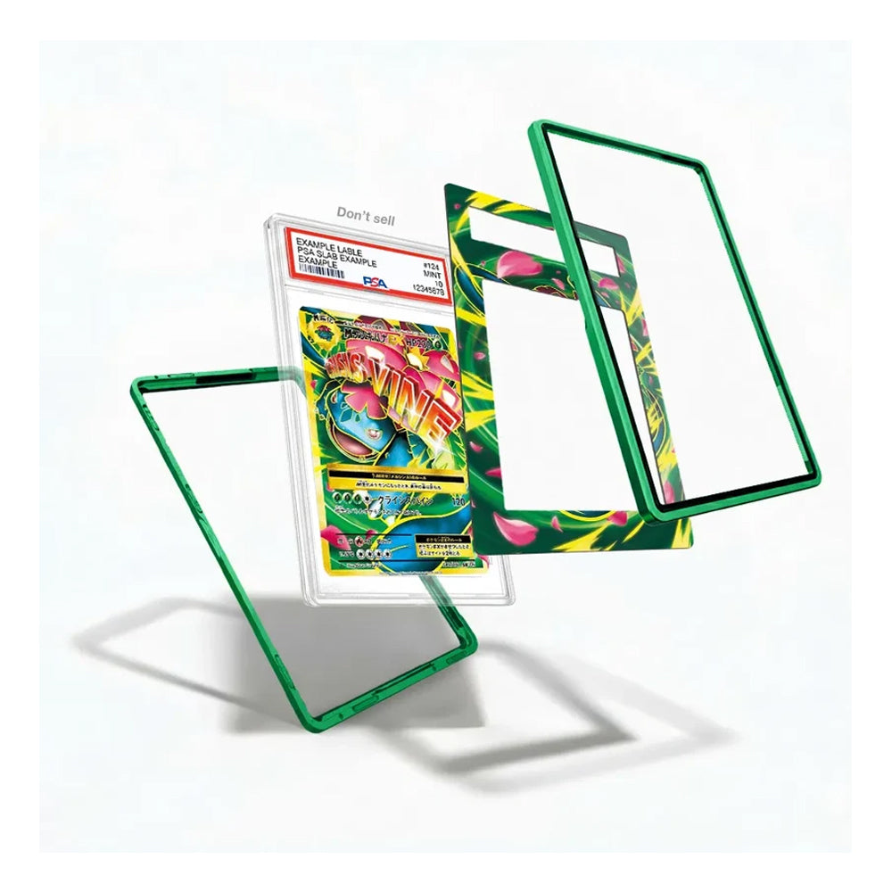 A set of custom transparent acrylic display frames with vibrant green borders and colorful printed inserts, shown floating against a clean white background.