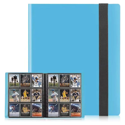 Blue card album with black strap containing trading cards of athletes on a white background