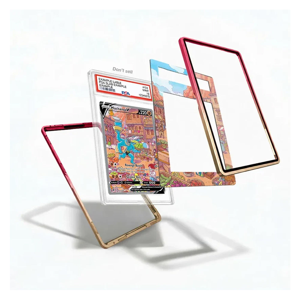 A set of colorful, transparent protective card cases shown floating against a white background, with one case containing a graded Pokémon TCG card.