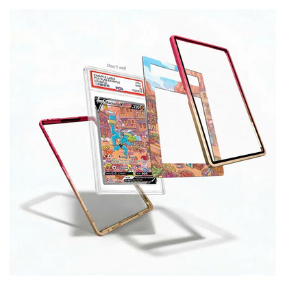A set of colorful, transparent protective card cases shown floating against a white background, with one case containing a graded Pokémon TCG card.