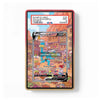 A framed art print featuring a detailed, colorful illustration of a market scene with a blue creature, bordered in red and gold. The print is displayed inside a clear PSA grading slab with a white label at the top.