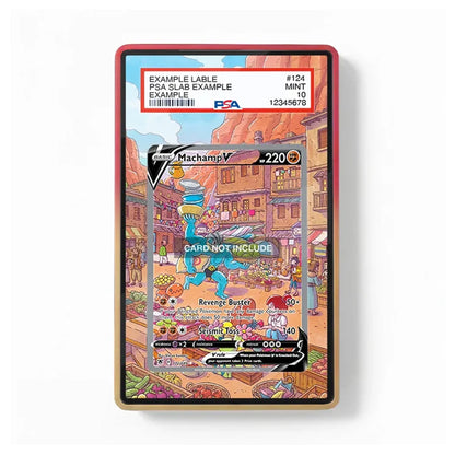 A framed art print featuring a detailed, colorful illustration of a market scene with a blue creature, bordered in red and gold. The print is displayed inside a clear PSA grading slab with a white label at the top.