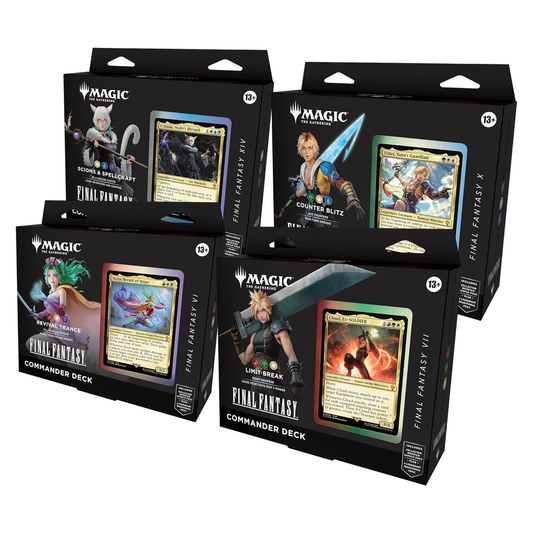 Collection of 'Magic: The Gathering' and 'Final Fantasy' trading card game boxes on a white background