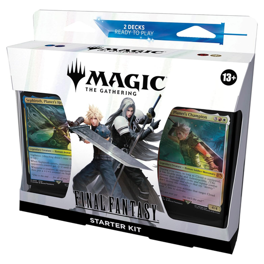 Magic: The Gathering Final Fantasy Starter Kit packaging with character illustration and card images.