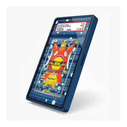 A blue protective phone case with a custom printed graphic of a Pokémon card featuring a red creature, displayed on a light gray background.