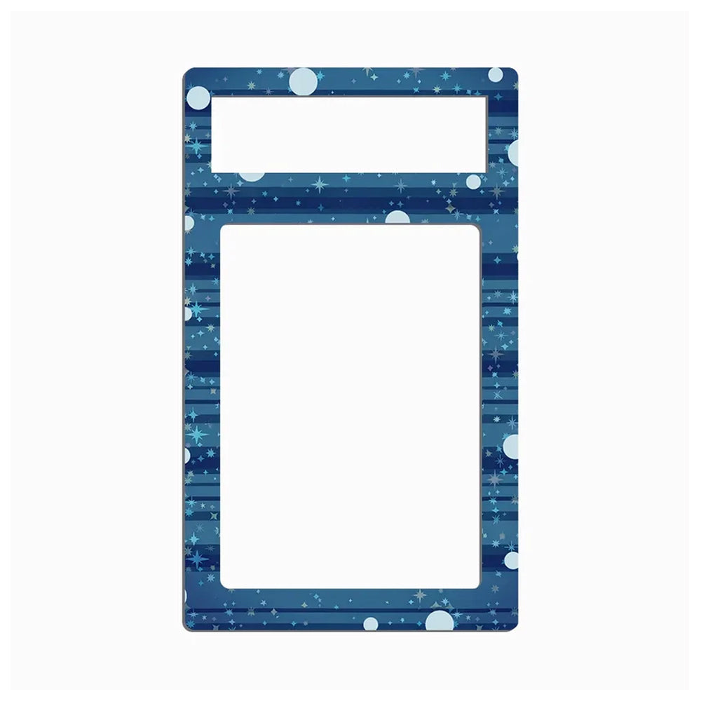 A decorative rectangular frame or plate with a blue and white starry pattern, featuring a smaller cutout at the top and a larger cutout in the center, shown on a plain white background.