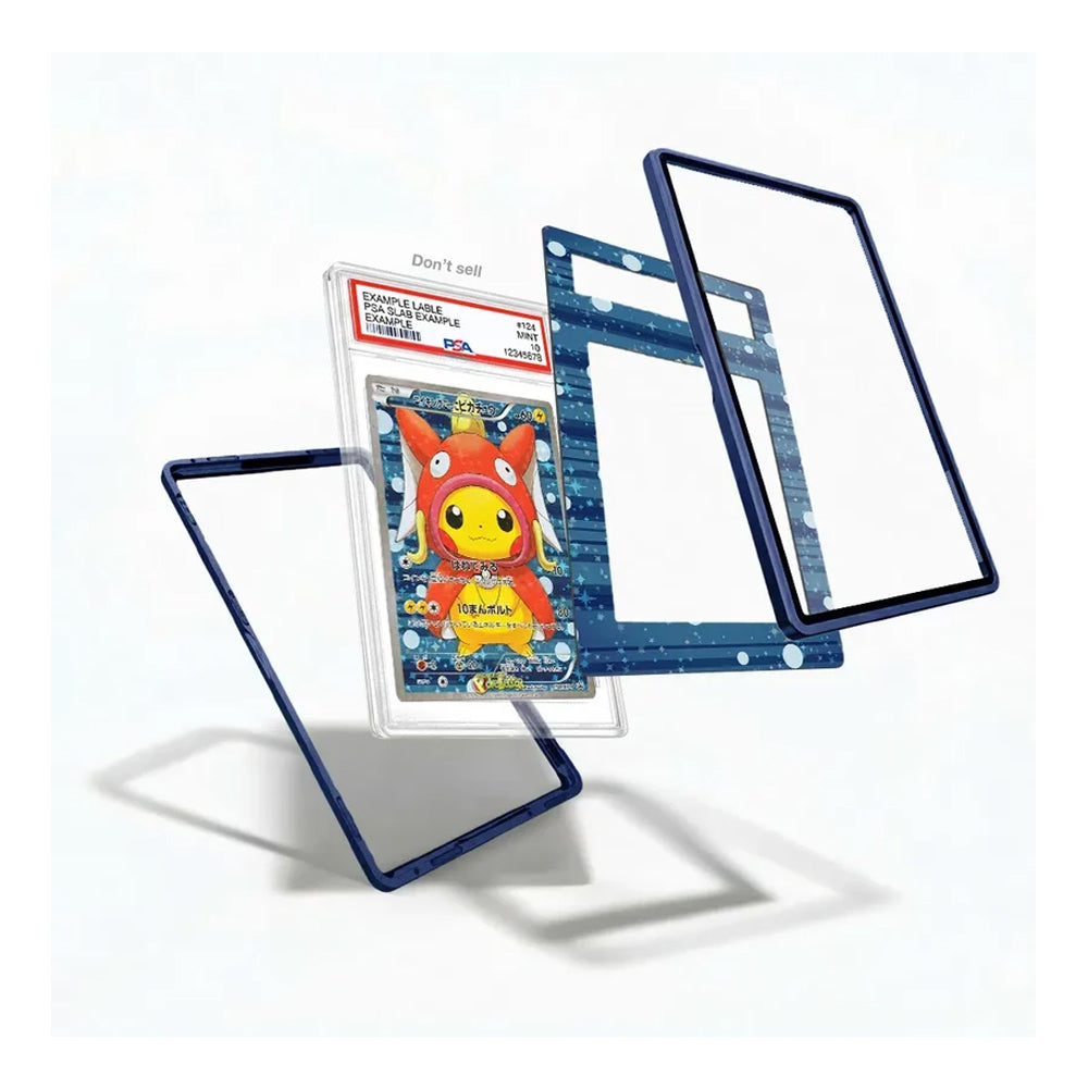 A clear plastic card protector case with a dark blue border, shown holding a graded Pokémon card and displayed in multiple angles on a clean white background.