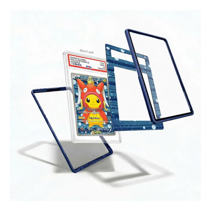 A clear plastic card protector case with a dark blue border, shown holding a graded Pokémon card and displayed in multiple angles on a clean white background.