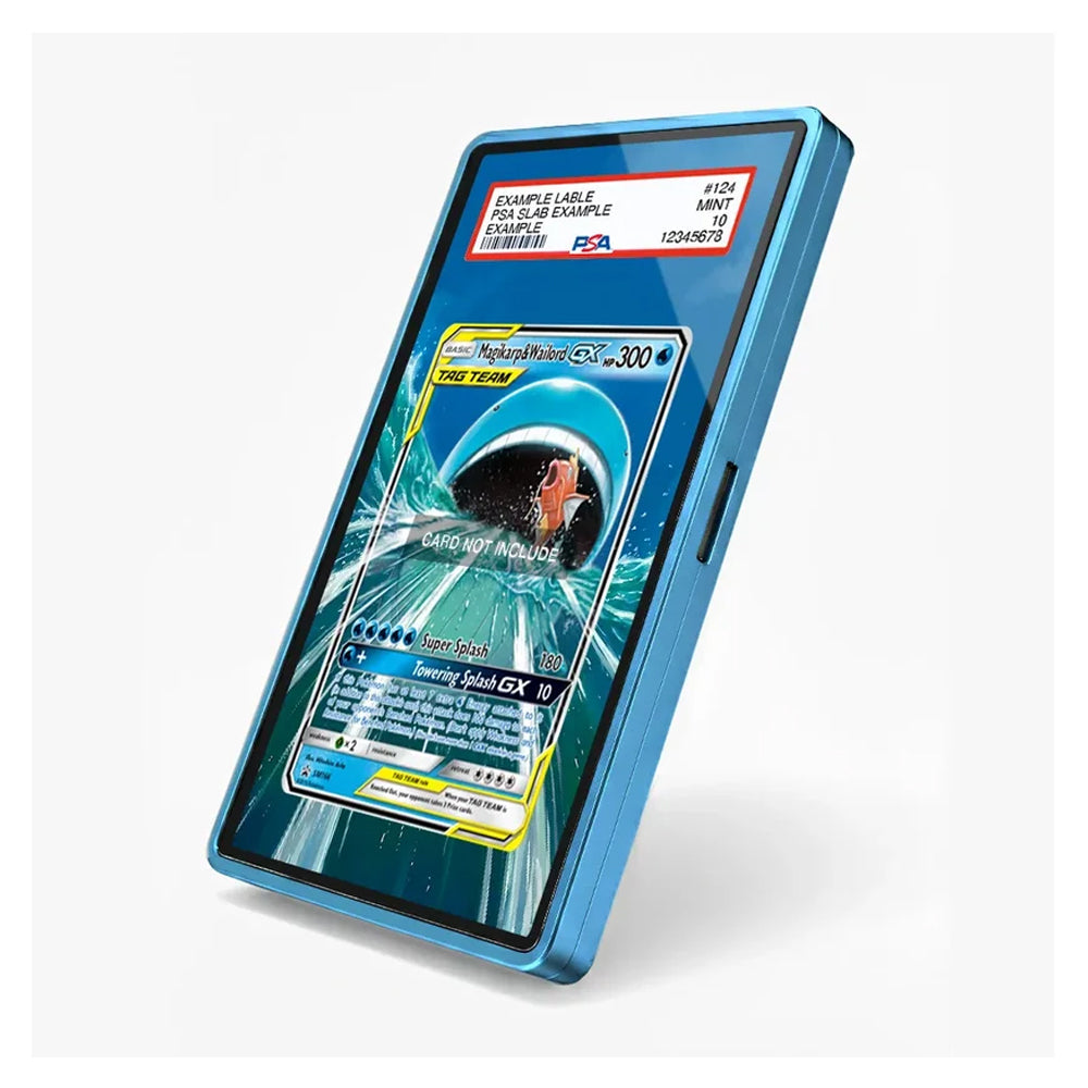 A blue protective case for a smartphone, shown at an angle on a light gray background. The screen displays a Pokémon trading card mockup, and a PSA authentication label is visible at the top of the screen.