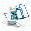 A clear protective case with a metallic teal-blue frame is shown holding a graded Pokémon TCG trading card, with additional empty case panels floating around it on a clean white background.