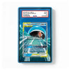 A PSA graded PSA Slab Example card in a blue protective slab, featuring a Magikarp hatched GX card design with a red PSA label at the top and a white background around the slab.