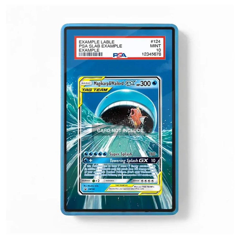 A PSA graded PSA Slab Example card in a blue protective slab, featuring a Magikarp hatched GX card design with a red PSA label at the top and a white background around the slab.