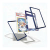 A set of clear acrylic display frames with dark blue borders, shown floating against a white background. One frame is holding a graded Pokémon TCG card, and other frames are shown empty or with a galaxy-patterned insert.