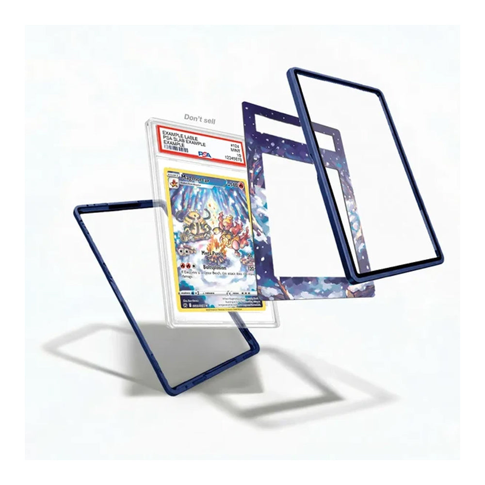 A set of clear acrylic display frames with dark blue borders, shown floating against a white background. One frame is holding a graded Pokémon TCG card, and other frames are shown empty or with a galaxy-patterned insert.