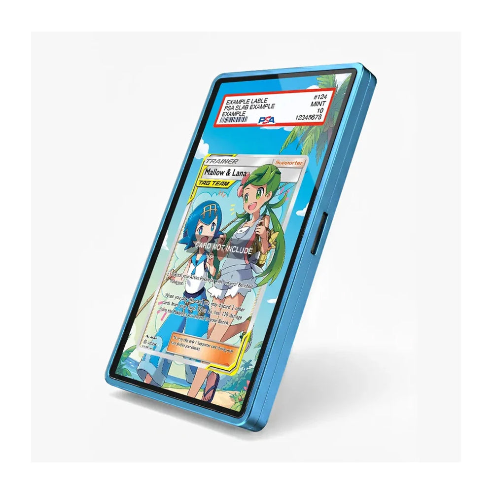 A blue protective phone case shown at an angle on a light gray background, displaying a Pokémon trading card on its screen.
