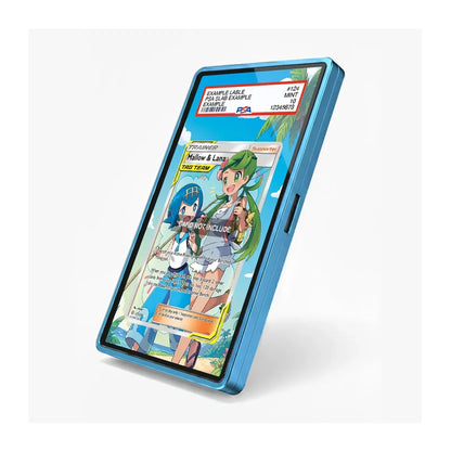 A blue protective phone case shown at an angle on a light gray background, displaying a Pokémon trading card on its screen.