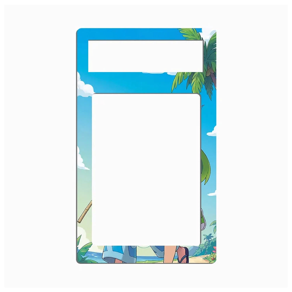 A rectangular acrylic picture frame with rounded corners, featuring a colorful anime-style tropical beach border. The top section has a cutout for a smaller picture, and the main frame has a large blank center.