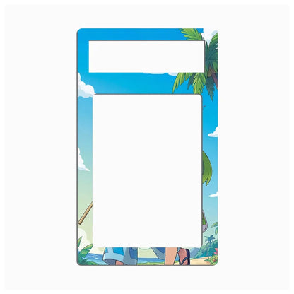 A rectangular acrylic picture frame with rounded corners, featuring a colorful anime-style tropical beach border. The top section has a cutout for a smaller picture, and the main frame has a large blank center.