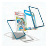 A clear acrylic display card holder with a metallic blue frame, shown disassembled with several transparent panels floating around a central sample card. The sample card features anime artwork and a PSA grading label.